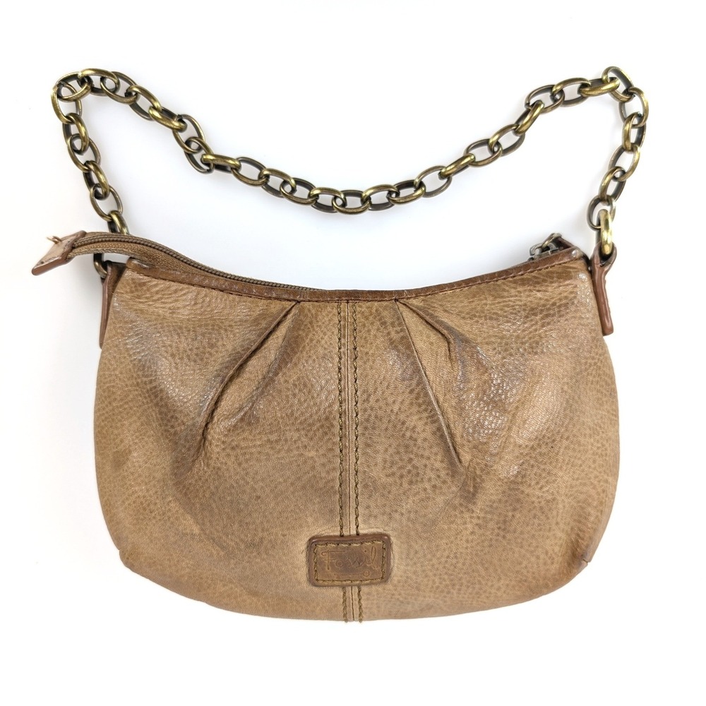 Fossil Leather Hobo Shoulder Bag Brass‎ Chain Strap Zip Distressed Festival Boho